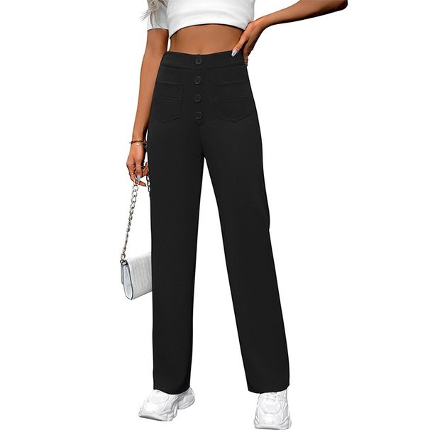 K New Women's High Waisted Pocket Wide Leg Button Casual Loose Straight Leg Pants Long Pants_ecoleips.com