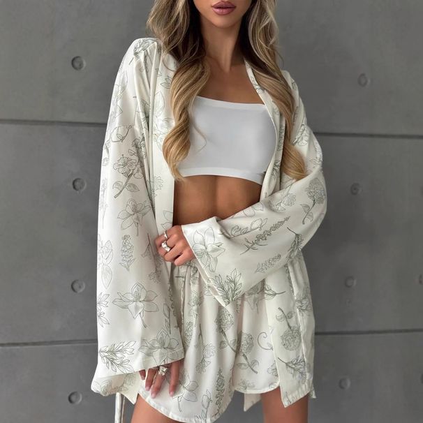 Printed Long Sleeve Nightgown Shorts Ice Silk Comfortable Skin-Friendly Pajamas Two-Piece Set European And American_ecoleips.com