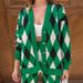Diamond-Knit Cardigan Set – Long Sleeve Button-Down Sweater & Wide-Leg Pants, Geometric Pattern Matching Lounge Outfit (Emergreen/Navy)_ecoleips.com