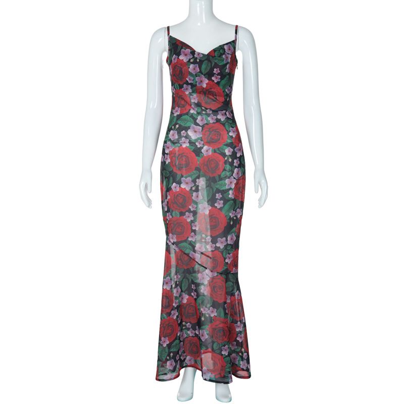 2026 Summer INS Style Fashion New Sexy V-Neck Elegant Versatile Slim Fit Long Printed Strap Dress For Women_ecoleips.com