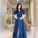 Women's Clothing Summer Retro Single Breasted Loose Casual Ruffled Short Sleeved Denim Dress_ecoleips.com