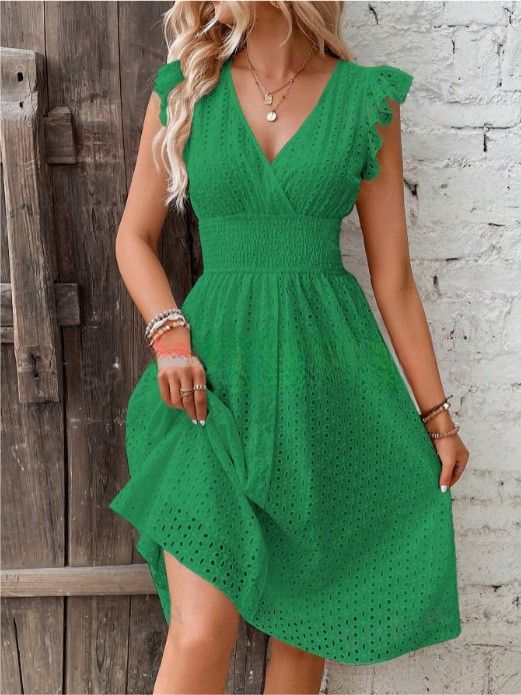 Elegant Slimming V Neck Dress For Women Ruffled Sleeves Fashion Plus Size American Style Summer New_ecoleips.com