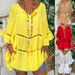 Women's Three Quarter Sleeve Cotton Linen Blend V Neck Loose Fit Button Detail Hollow Top Large Size Dress_ecoleips.com
