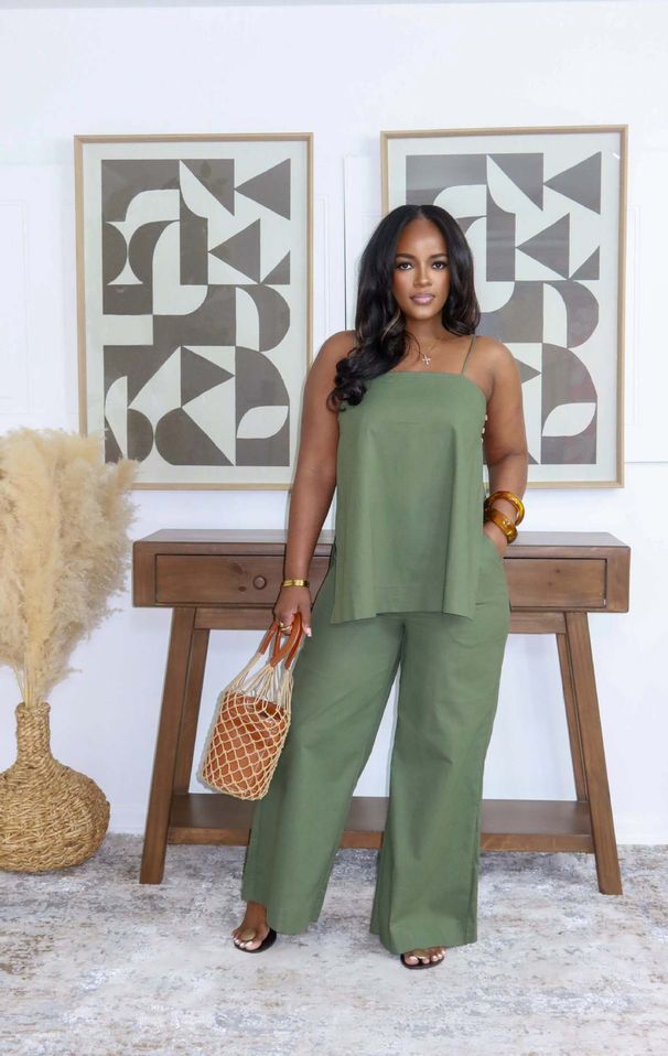 Women's Summer Casual Linen Pant Set Plus Size With Slit And Suspender American Style Cross Border Top And Pants Outfit_ecoleips.com