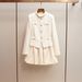 "Women's French Style Two-Piece Dress - Rhinestone Buckle Waist Tulip Skirt Set, Winter Elegant Fitted Dress, White, S-L"_ecoleips.com