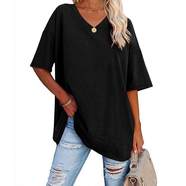 Cross-Border European And American Clothing Foreign Trade Spring Summer New Color Loose Half Sleeve V-Neck Cotton_ecoleips.com