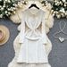 Elegant High-Waisted Knit Dress With Floral Lace Detail - Vintage-Inspired Long Sleeve Wrap Dress For Women_ecoleips.com