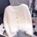Faux Mink Cropped Cardigan – Plush Oversized V-Neck Button-Up Sweater (One Size, Long Sleeve, Soft Fluffy, Boho-Chic Layering Essential)_ecoleips.com