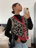 V-Neck Leopard Print Cardigan Knit Sleeveless Duster (Polyester Open-Front Cover-Up, Streetwear Inspired)_ecoleips.com