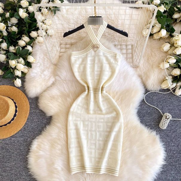 Women's Halter Neck Knitted Dress Slim Fit High Waist A-Line Skirt White Summer Korean Style Commute Appropriate_ecoleips.com