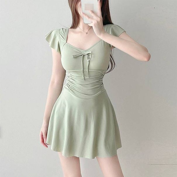 Women's One Piece Swimsuit Solid Color Sweet Dress Style Conservative Slimming Flattering Hides Belly Fat Suitable For Students Hot Spring_ecoleips.com