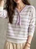 Lavender Stripe Eyelet Rib Knit Top, Loose Lightweight Breathable Tie V Neck Jumper, Soft Skin-touch Hollow Long Sleeve Pullover_ecoleips.com