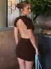 Mozision Backless Short Sleeve Sexy Mini Dress Women Elegant Metal Buckle Skinny Draped Ruched Club Party Dresses Female Clothes_ecoleips.com
