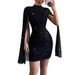 Women's Clothing Round Neck Ribbed Pearl Chiffon Cape Hip Dress For Women_ecoleips.com