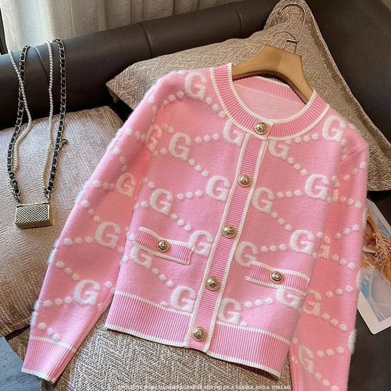 Spring 2027 Fashion Elegant Knitwear Cardigan Women O-Neck Letter Jacquard Single-Breasted Long Sleeve Sweater_ecoleips.com