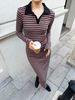 Women's Knit Dress Autumn New Arrival Polo Collar Pleated Waist Irregular Slit Striped Long Sleeve Dress_ecoleips.com