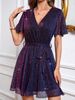 Women's V Neck Belted Sparkling Party Dress, Elegant Design For Party & Casual Vacation, All Seasons Fitted Style_ecoleips.com