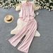 Relaxed And Stylish Two Piece Set For Women, Featuring A Striped Shirt And Wide Leg Pants With Rhinestone Embellishments, Perfect For Spring And Autumn Commuting And Casual Wear._ecoleips.com