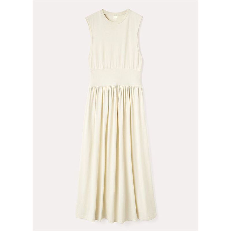 2025 Spring Casual Cotton Two-Color Waist Cinched A-Line Flared Skirt Mid Length Sleeveless Women's Dress_ecoleips.com