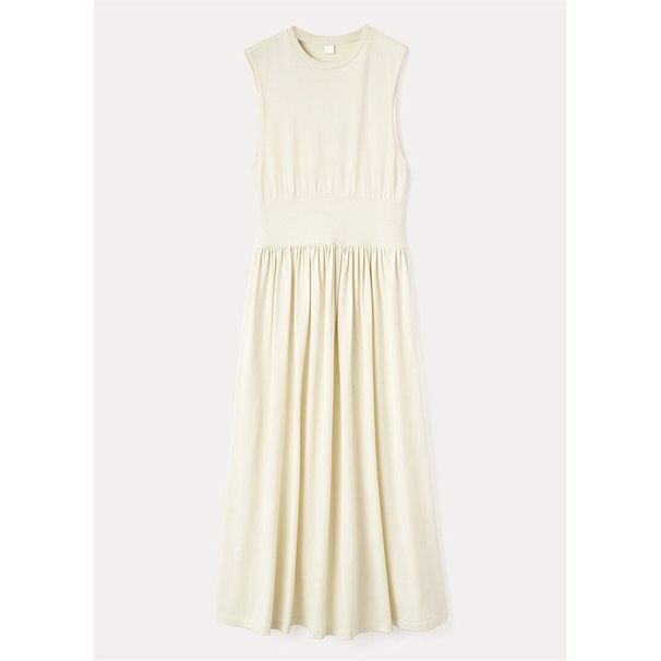 2025 Spring Casual Cotton Two-Color Waist Cinched A-Line Flared Skirt Mid Length Sleeveless Women's Dress_ecoleips.com
