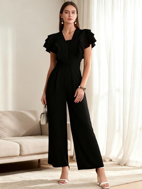2026 Summer New Pure Black Lotus Leaf Sleeve Jumpsuit Women's V-neck Pleated Waist Wide Legs Elegant Commuter Jumpsuit_ecoleips.com