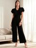 2026 Summer New Pure Black Lotus Leaf Sleeve Jumpsuit Women's V-neck Pleated Waist Wide Legs Elegant Commuter Jumpsuit_ecoleips.com