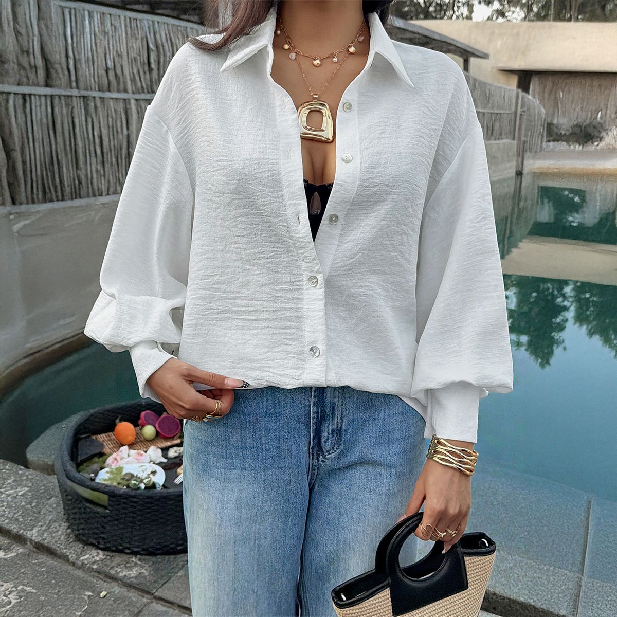 Elegant Oversized Casual Shirt for Women Wrinkle-Free Polyester Long Sleeve White Loose Fit Polo Collar Blouse Office Wear_ecoleips.com