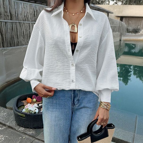 Elegant Oversized Casual Shirt for Women Wrinkle-Free Polyester Long Sleeve White Loose Fit Polo Collar Blouse Office Wear_ecoleips.com
