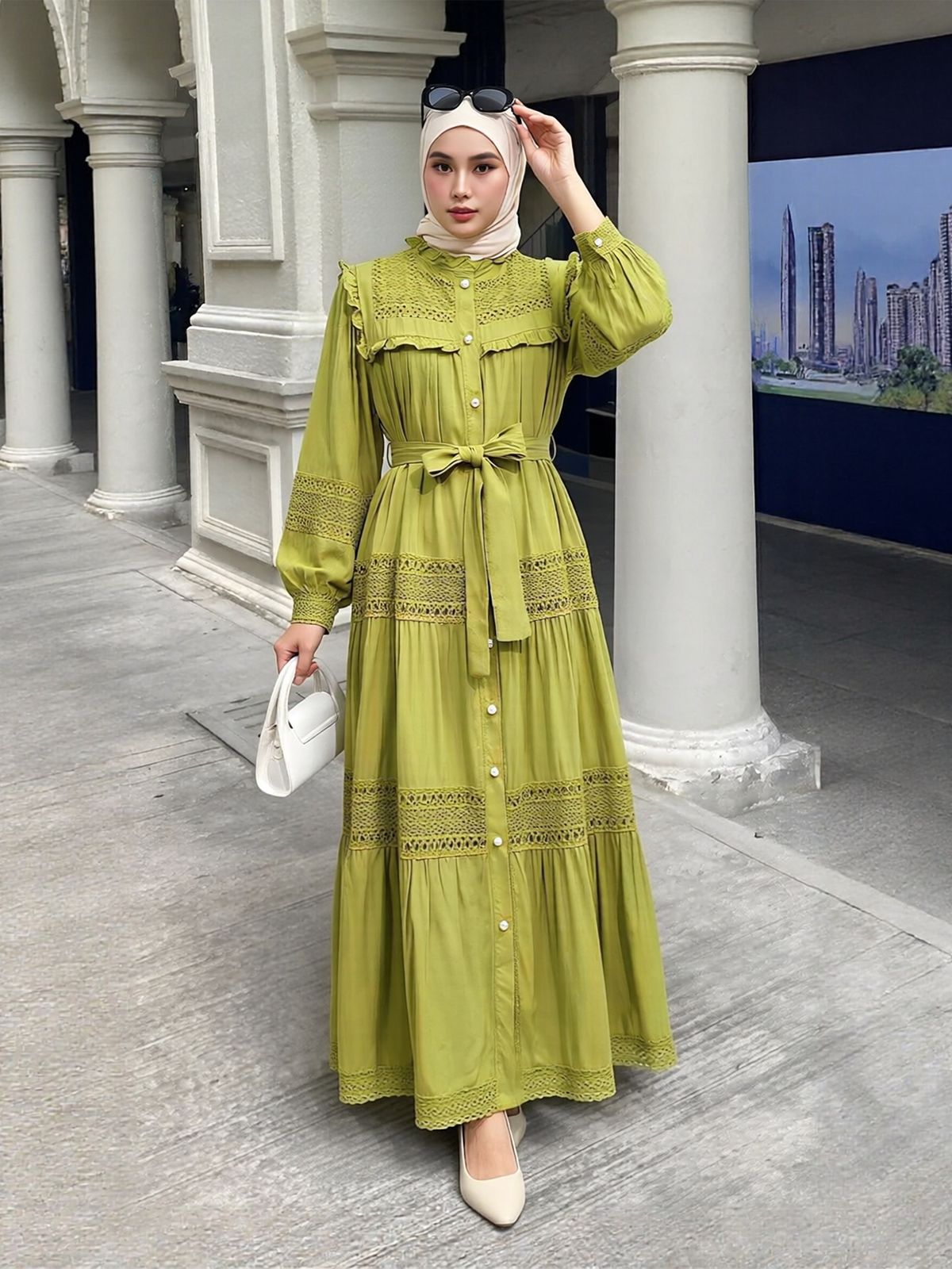 Women's Lantern Sleeve Long Dress with Lace Trim And Ruffled Collar Available in Malaysia And Indonesia_ecoleips.com