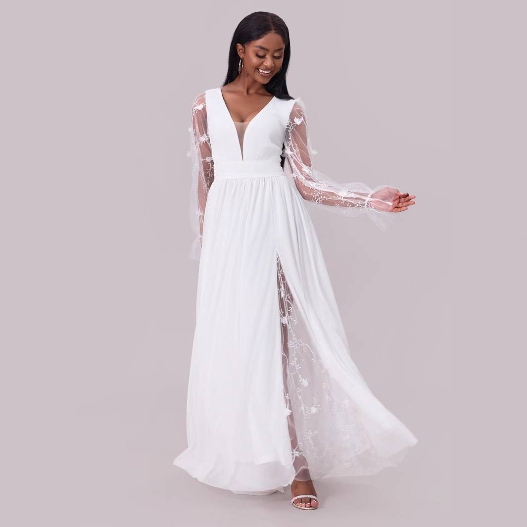 Women's Clothing Dress Deep Neck Long Sleeve Wedding Dress Long Skirt_ecoleips.com