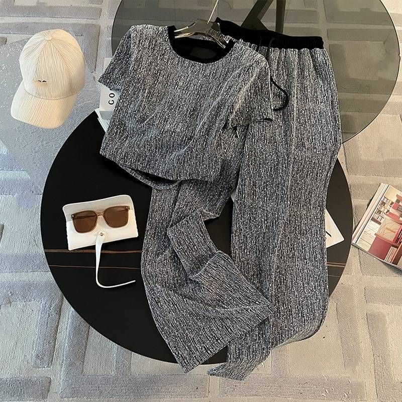 Women's Clothing Lazy Style Draped Wide Leg Pants Suit Women's Summer New Fashionable Slim-Fit Short Sleeved Two Piece Set_ecoleips.com