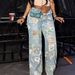 Women's Clothing Spring New Floral Graffiti Print Hole High Waist Loose Straight Jeans_ecoleips.com