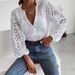Elegant V-Neck White Blouse Women's Loose Long Sleeve Shirt – Breathable Polyester With Lace Cutout Detail, Office & Casual Chic, S-XXL_ecoleips.com