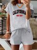 Summer New Blue California Letter Pattern T-shirt, Casual Printed Round Neck Short Sleeved Top With Elastic Waist Pocket, Women's Two-piece Set-285_ecoleips.com