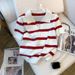 Women's Clothing Elegant Striped V-Neck T-Shirt For Women Ice Silk Knit Short-Sleeved Top Summer Autumn Style_ecoleips.com