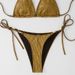 Metallic Gold Grid Triangle String Bikini Set Women Halter Tie Side Pearl Detail High Cut 2 Piece Swimsuit Summer Beach Bathing Suit_ecoleips.com