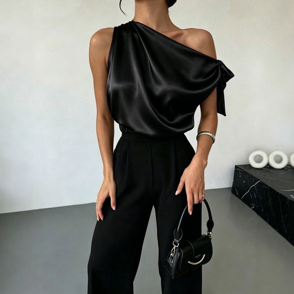 Women's Clothing Satin Off-Shoulder Asymmetrical Bow Blouse Shirt For Women Hot Selling_ecoleips.com