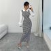 Slim Fit Puff Sleeve Dress For Women Houndstooth Pattern Bodycon Long Skirt_ecoleips.com