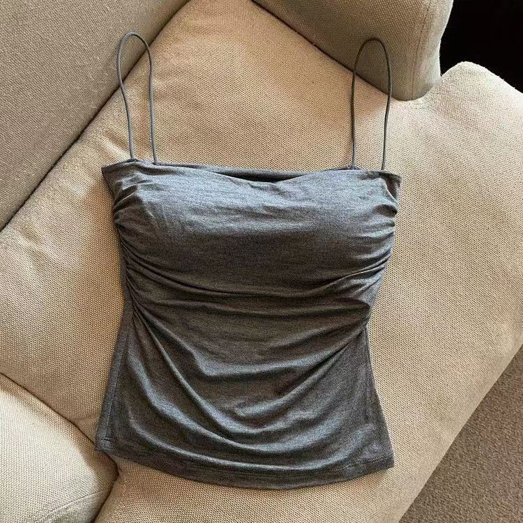 Thai Niche Pure Desire Pleated Small Camisole Vest Women In Summer With Thin Shoulder Straps Chest Pads For Inner And_ecoleips.com