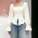 Voya Women's New Style French Square Neck Bubble Sleeves, Waist Cinched Long Sleeves, Lantern Sleeves, Temperament Commuting Versatile Top For Women_ecoleips.com