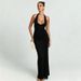 Elegant Deep V Halter Maxi Dress With Flowing Ribbon & Fishtail Hem – Sexy Backless Formal Gown In Black, Sage Green, Red & Pink (S/M/L)_ecoleips.com
