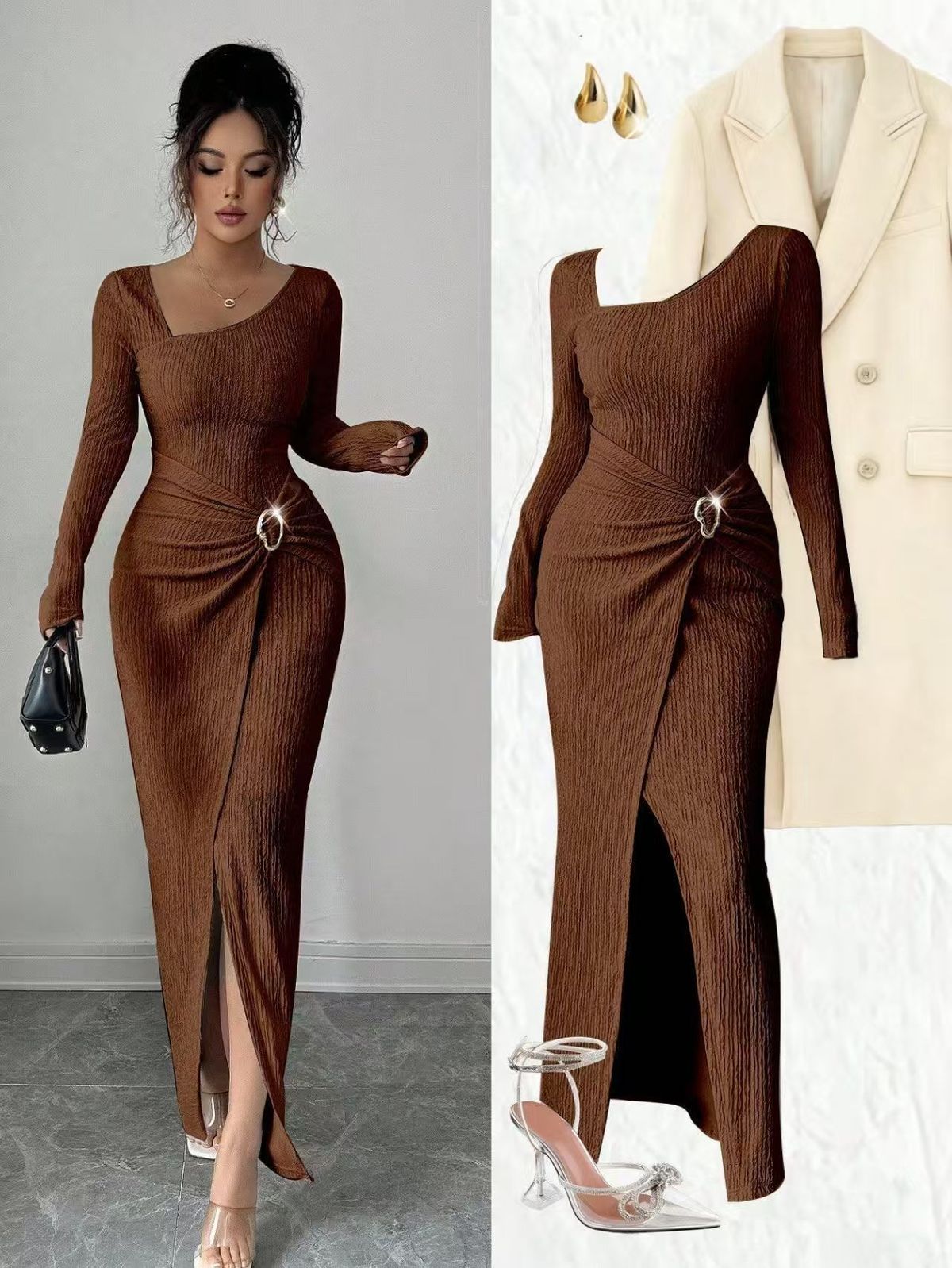 Women's Asymmetrical Neckline Twisted Long Dress Solid Color Fashion Textured Bodycon Dress_ecoleips.com