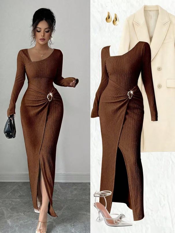 Women's Asymmetrical Neckline Twisted Long Dress Solid Color Fashion Textured Bodycon Dress_ecoleips.com