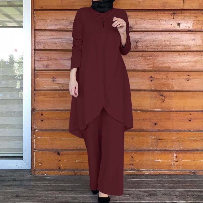 2025 Muslim Women's Clothing Autumn New Solid Color Round Neck Pullover Midi Skirt Long Pants Fashion Two-Piece Set_ecoleips.com