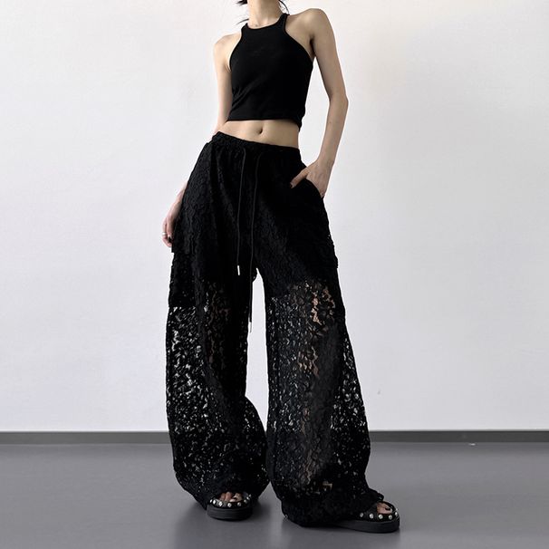 Summer Women's Black & White Lace Panel Wide-Leg Pants – High-Waisted Straight Cut, Breathable Office To Evening Wear (S-XL)_ecoleips.com