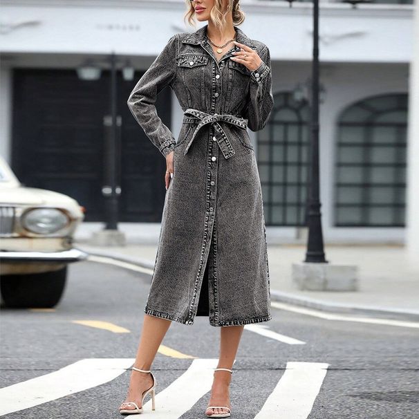 Women’s Long-Sleeve Belted Denim Shirt Dress – Slimming Tunic Top With Waist Tie (Blue/Black, S-XXXL)_ecoleips.com