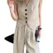 Women's Casual Vest & Wide-Leg Pants Set – Sleeveless Denim-Look Two-Piece Outfit (S-Xl, Beige) Neutral Versatility_ecoleips.com