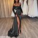 One Shoulder Long Sleeve Sequin Beaded V Neck Flowy Hem Split Maxi Dress Formal Evening Party Gown For Women_ecoleips.com