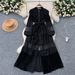 Women's Palace Style Dress French Retro Fashion Stand Collar Pearl Single-Breasted Lace Splicing Velvet Long Skirt_ecoleips.com