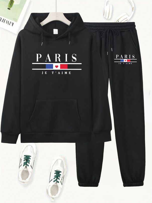 Women's Autumn And Winter Casual Fashion Paris Letter Pattern Printed Thick Velvet Warm Hooded Sweatshirt+sports Pants Set-692_ecoleips.com